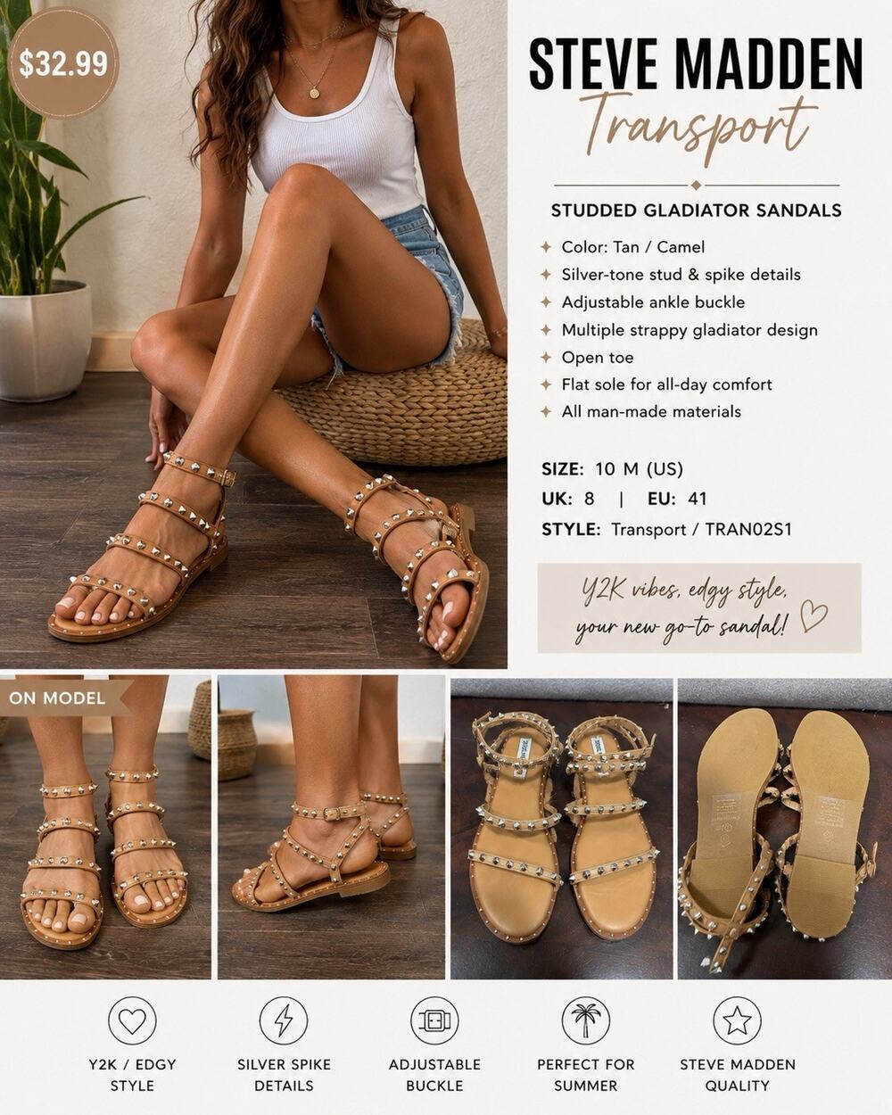 Steve Madden Transport Sandals Womens 10 Tan Studded Gladiator Strappy Y2K EUC